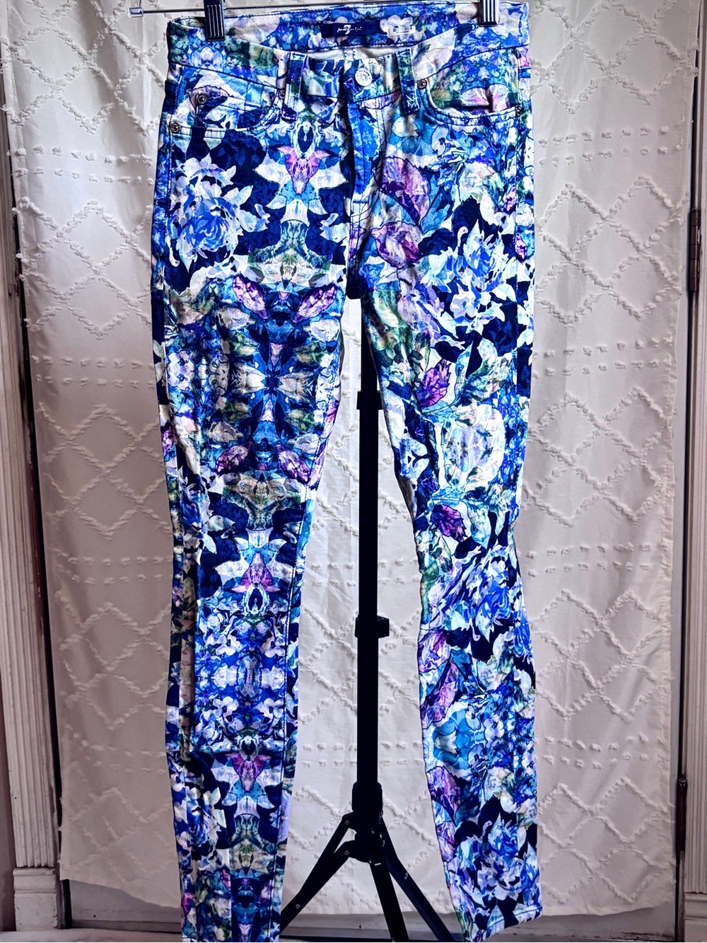 7 For All Mankind Floral Skinny Jeans Watercolor Print Blue Purple Size 25